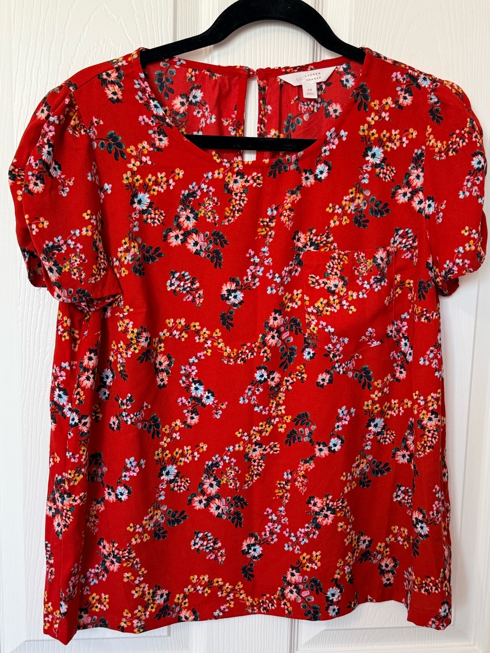 LC Lauren Conrad Red Floral Puff-Sleeve Blouse